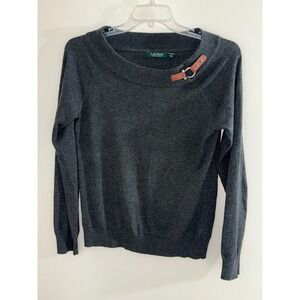 Lauren Ralph Lauren Sweater Women's L Charcoal Gray Faux Leather Buckle Crewneck